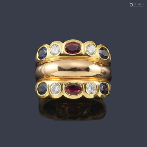 Wide ring with diamonds, rubies and sapphires with…