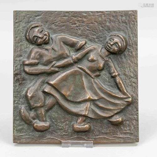 Relief en bronze, Suède, 20e s. Couple de paysans dansant. A...