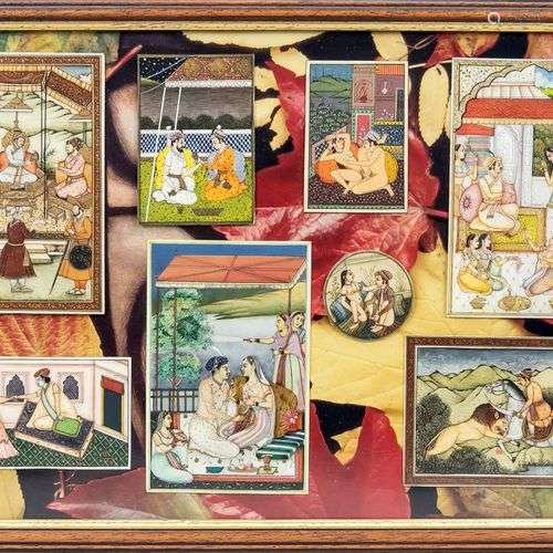 8 peintures miniatures, Inde, 20e s., polychromes et or sur ...