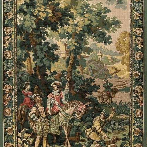 Tapisserie, 20e siècle, partie de chasse dans la forêt, bord...