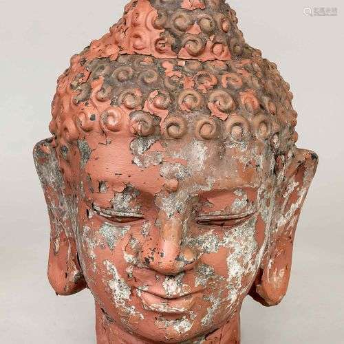 Grande tête de Bouddha/décoration de jardin, 20e s., terre c...
