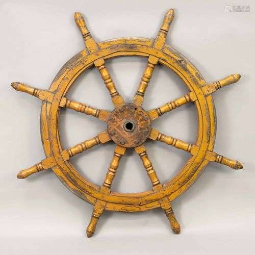 Barre à roue de bateau, début du 20e siècle, en bois. Rayons...