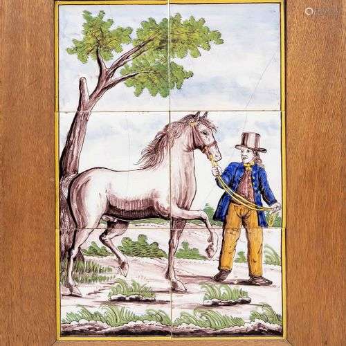 Tableau de carreaux avec homme et cheval, 20e siècle, compos...