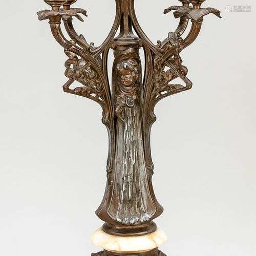 Lustre Art nouveau, vers 1900, en marbre et métal bronzé. Fû...