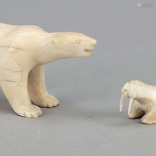 Ours polaire et morse, probablement inuit, dent ? 1 x ours p...
