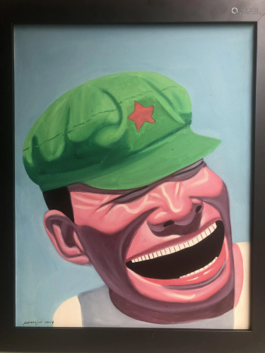 YUE MINJUN CHINESE OIL ON CANVAS OF LAUGHING ARMY MAN