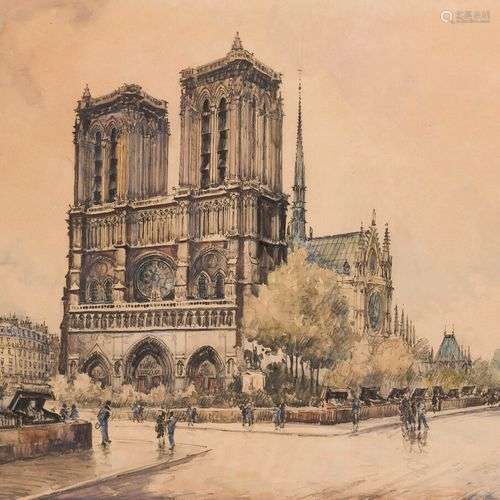 FRANK-WILL (1900-1950) Notre-Dame de Paris Aquarelle sur tra...