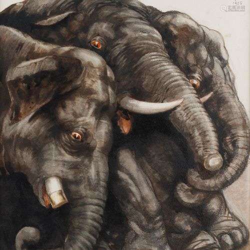 MAURICE DE BECQUE (1878-1938) Éléphants Pierre noire, aquare...