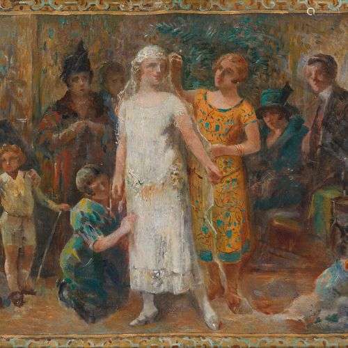 EDMUND DELBOS (1879-1949) L'essayage de la robe de mariée Hu...