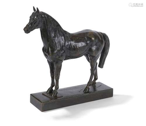 FIGURE DE CHEVAL EN BRONZE A PATINE VERTE Signé Barye 1858. ...