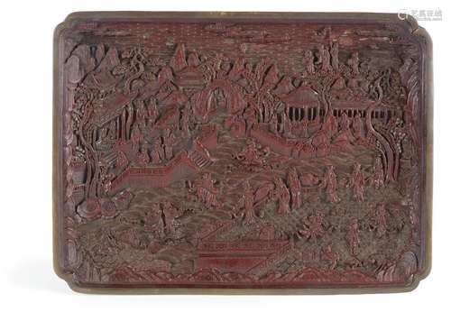 GRAND PLATEAU EN METAL ET LAQUE ROUGE SOMBRE SCULPTEE Chine,...