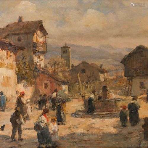 VITTORE ANTONIO CARGNEL (1872-1931) Scène de village animée,...