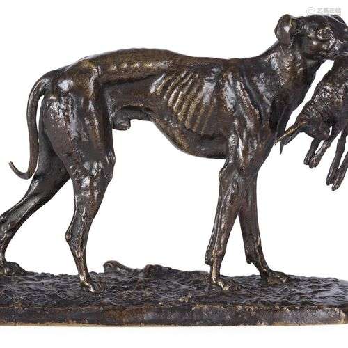 FIGURE DE CHIEN DE CHASSE TENANT UN LIEVRE EN BRONZE PATINE ...