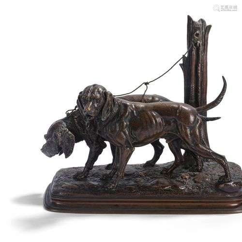 GROUPE REPRESENTANT DEUX CHIENS DE CHASSE EN BRONZE A PATINE...