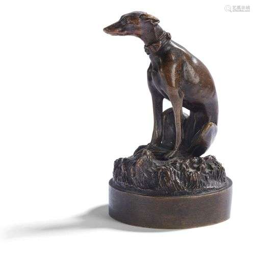 FIGURE DE CHIEN ASSIS EN BRONZE PATINE Trace de signature ; ...