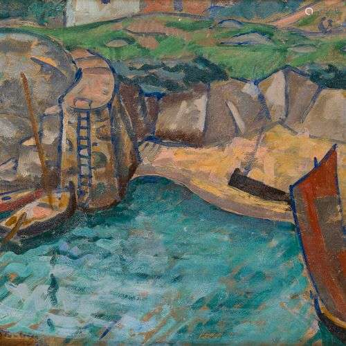 ADOLPHE BEAUFRERE (1876-1960) Voiliers au port, Bretagne Hui...