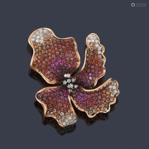 Orchid-shaped pendant with pavé with orange and pi…