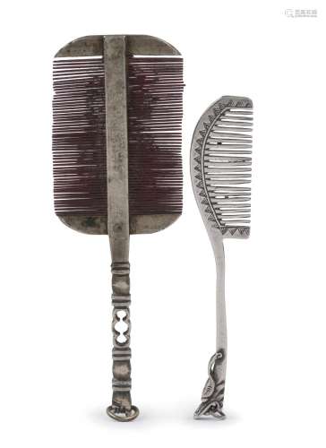 Two antique Chinese silver moustache combs, Qing Dynasty, 19...