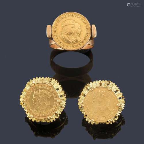 Earrings and ring with a coin motif in 18K yellow …