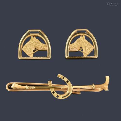 18K yellow gold stud and cufflinks with equestrian…