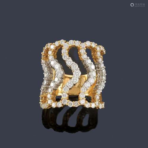 Wide openwork ring with wavy motifs and rhinestone…