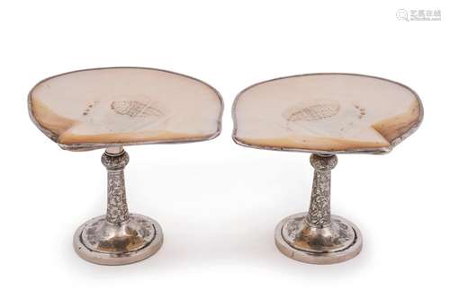 A fine pair of Chinese silver and mother of pearl tazzas wit...