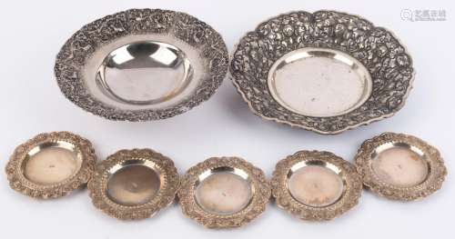 Yogya silver pierced bowl, five Indian coin silver bowls and...