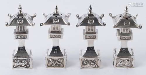 Set of four Chinese silver pagoda shaped condiments, early 2...