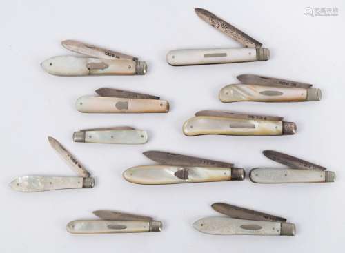 Group of 11 antique pen knives, sterling silver and mother o...