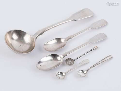 Antique sterling silver ladle, two teaspoons and three condi...