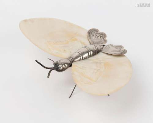 An antique silver and pearl shell dish in the form of a butt...
