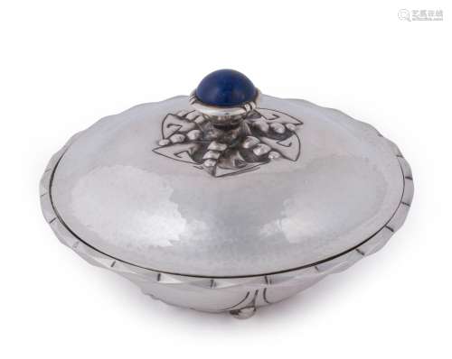 A Dutch silver Art Deco lidded bowl with lapis lazuli finial...