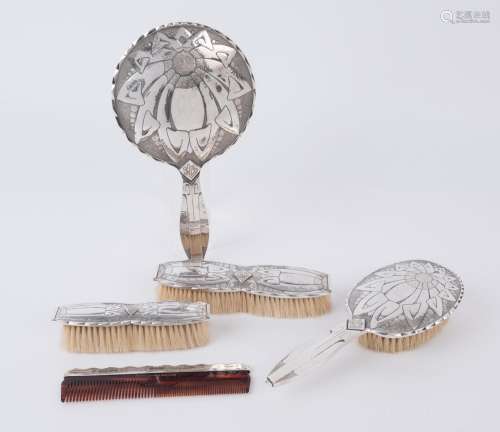 A five piece Dutch silver Art Deco vanity set, circa 1925, t...