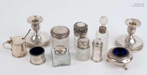 Sterling silver vanity jars, candle holders, mustard pot and...