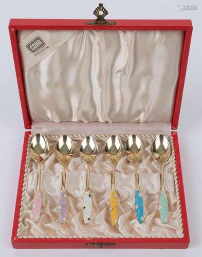 A boxed set of six Danish silver and enamel teaspoons, mid 2...