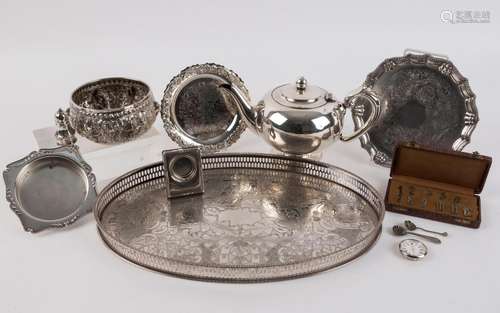 Silver plate tray, Burmese bowl, dishes, spoons, miniature c...