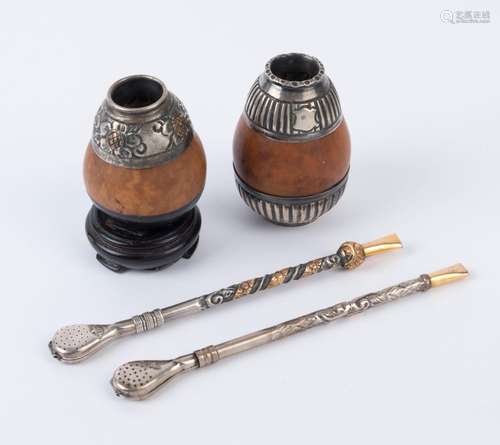 Two Argentinian maté straws with gourd beakers, silver with ...