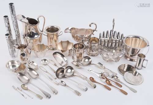 Assorted silver plated cutlery, serving utensils, toast rack...