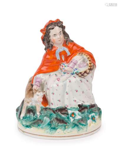 LITTLE RED RIDING HOOD Staffordshire pottery statue, 19th ce...