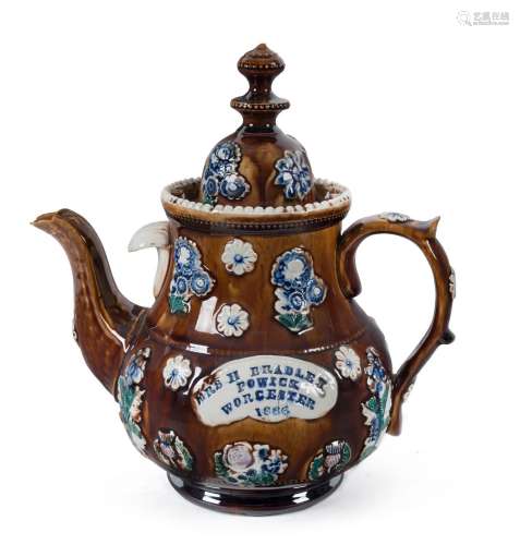 BARGE WARE English pottery teapot with applied cartouche pla...