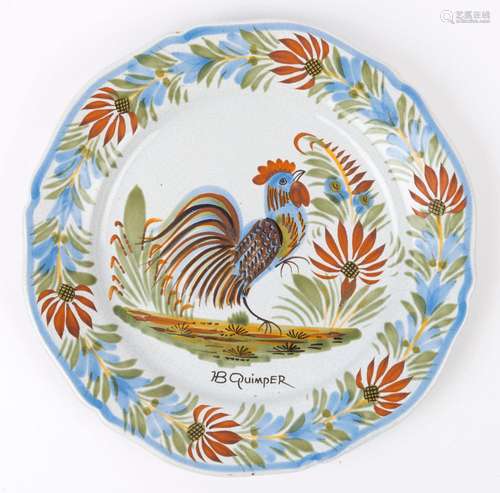 QUIMPER French tin glazed earthenware plate with rooster dec...