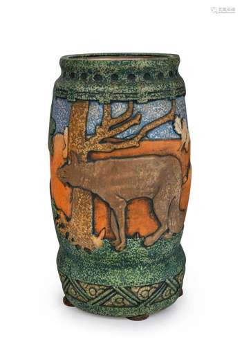 AMPHORA pottery vase with wolf and duck in landscape, execut...