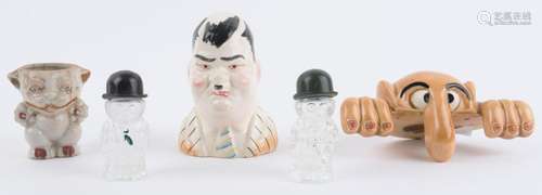 Mostly ceramic group with Oliver Hardy pepper pot, "Kil...