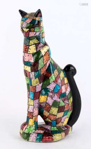 An American ceramic cat statue with rhinestone eyes, incised...