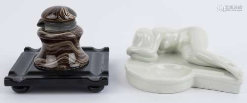 An antique ceramic inkwell together with a Russian porcelain...
