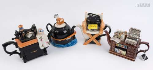 Four assorted porcelain novelty teapots one with musical mov...