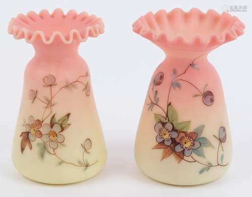 THOMAS WEBB QUEEN'S BURMESE: Two glass vases with flora...