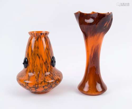 Two Bohemian orange and black glass vases, early 20th centur...