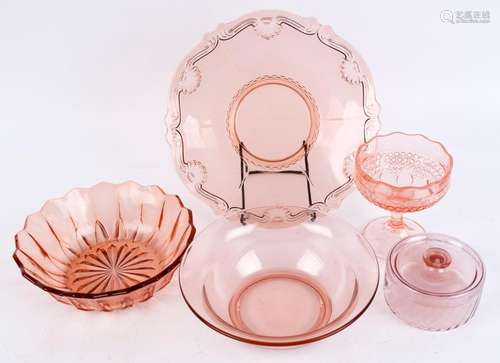 Five assorted pieces of pressed peach glass, 20th century, t...