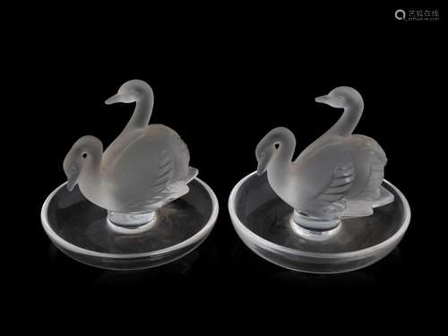 LALIQUE pair of French glass swan ring trays, engraved "...